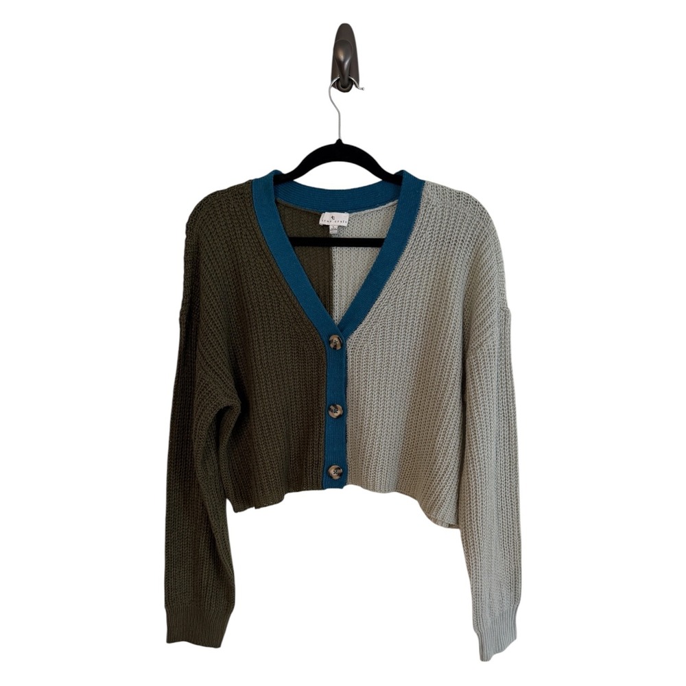 True Craft Cardigan Multicolor Green Blue L Women Colorblock Cropped Knit V-Neck
